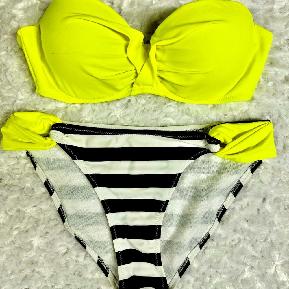 Neon Yellow and Black and White Stripe Bikini Set